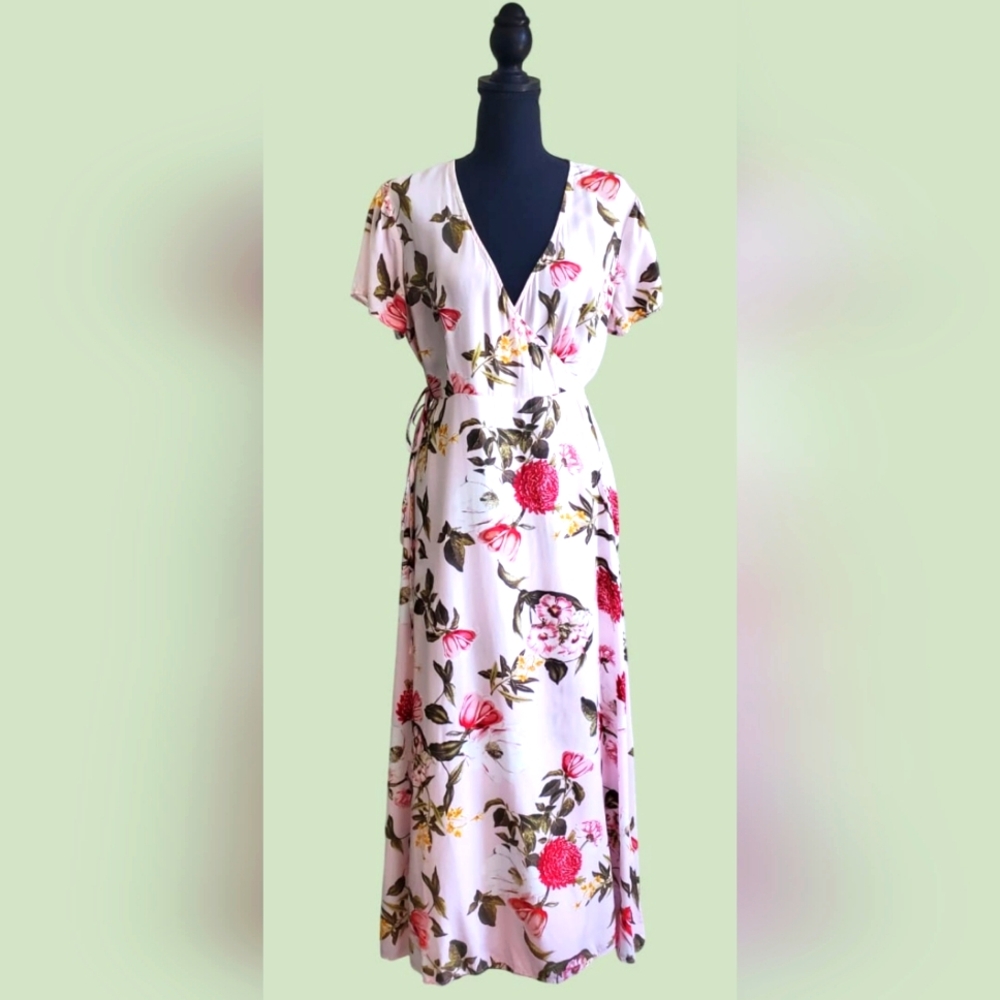 Forever 21 Wrap Dress Midi Pink Floral Short Sleeves Size Large